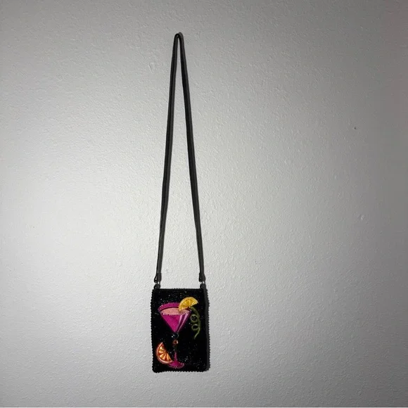 Mary Frances Take A Sip Pink Cocktail Phone Pouch Crossbody Beaded Leather Purse - Picture 2 of 6